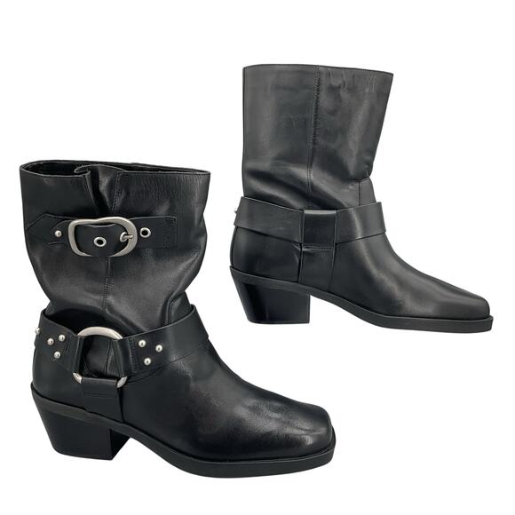 NEW Arezzo Women Kaia Mid Block Leather Booties Black Size 10.5B - Picture 1 of 11